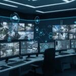Sala de monitoramento de segurança com vários monitores exibindo imagens de câmeras de circuito fechado de televisão (CFTV), com elementos de automação e conectividade digital para monitoramento remoto.