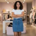 Imagem de uma profissional sorrindo em uma loja de roupas, com roupas e acessórios organizados nas prateleiras ao fundo, representando a importância da segurança corporativa e eletrônica em ambientes de vendas.
