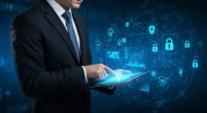Imagem de um profissional utilizando um tablet, com uma interface digital sobre segurança integrada, exibindo ícones relacionados à proteção de dados e segurança cibernética.