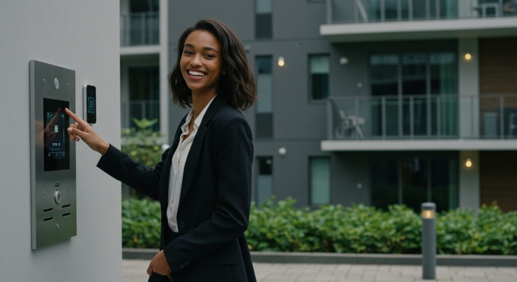 A imagem mostra uma mulher sorrindo enquanto utiliza um painel de controle de segurança em frente a um prédio moderno. Ela está vestindo um terno escuro e parece estar interagindo com o sistema de automação, possivelmente para acessar ou liberar a entrada. O fundo exibe o edifício residencial com varandas e vegetação ao redor, transmitindo um ambiente seguro e moderno. O painel possui botões digitais e um leitor biométrico, indicando um sistema de controle de acesso avançado e seguro, típico de automação condominial.