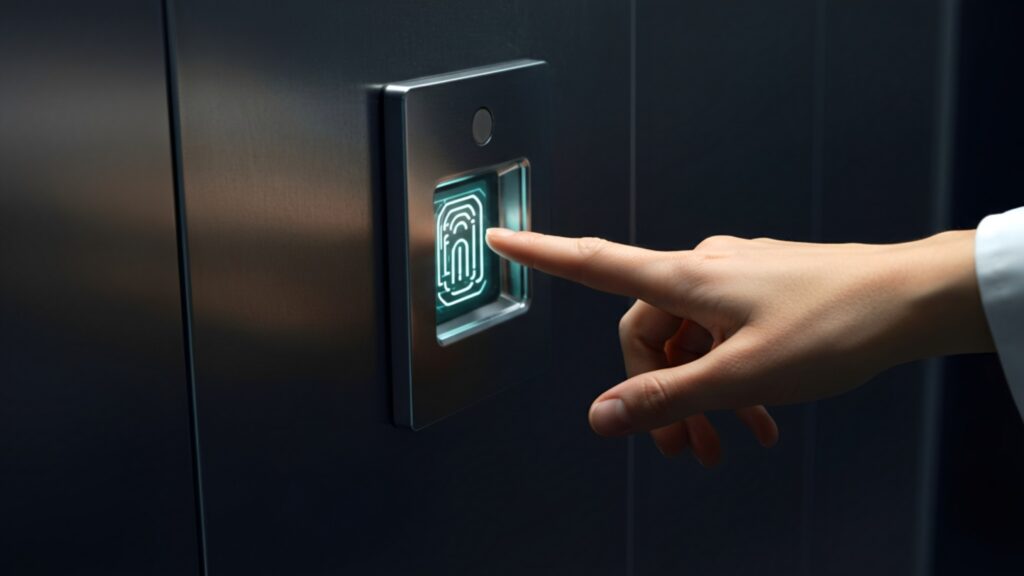 A imagem mostra uma pessoa utilizando um sistema de controle de acesso por reconhecimento de impressões digitais. A mão da pessoa está posicionada sobre um sensor digital, com o padrão da impressão visível na tela, indicando que o processo de identificação está em andamento. O ambiente ao redor parece moderno, com o sensor integrado a uma superfície metálica e o foco na tecnologia de segurança.