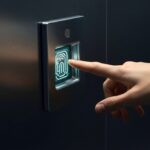 A imagem mostra uma pessoa utilizando um sistema de controle de acesso por reconhecimento de impressões digitais. A mão da pessoa está posicionada sobre um sensor digital, com o padrão da impressão visível na tela, indicando que o processo de identificação está em andamento. O ambiente ao redor parece moderno, com o sensor integrado a uma superfície metálica e o foco na tecnologia de segurança.