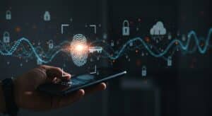 A imagem mostra uma pessoa segurando um smartphone, com um sistema de autenticação digital exibido na tela. O sistema é visualizado com uma impressão digital digitalizada e elementos gráficos como cadeados, nuvens e ondas de dados, representando a tecnologia de segurança avançada. O fundo escuro e os efeitos luminosos destacam o uso de uma tecnologia de autenticação biométrica, como o passkey, em um ambiente de segurança digital.