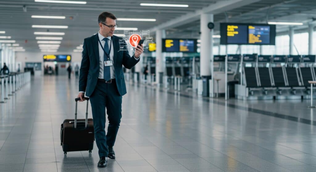 A imagem mostra um homem de negócios em um aeroporto, vestindo terno e crachá, puxando uma mala de rodinhas com uma das mãos enquanto consulta seu smartphone com a outra. Elementos gráficos digitais flutuam acima do celular, destacando um ícone de localização, sugerindo o uso de tecnologia para rastreamento ou gestão de viagens.