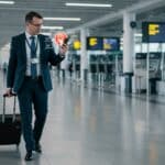 A imagem mostra um homem de negócios em um aeroporto, vestindo terno e crachá, puxando uma mala de rodinhas com uma das mãos enquanto consulta seu smartphone com a outra. Elementos gráficos digitais flutuam acima do celular, destacando um ícone de localização, sugerindo o uso de tecnologia para rastreamento ou gestão de viagens.