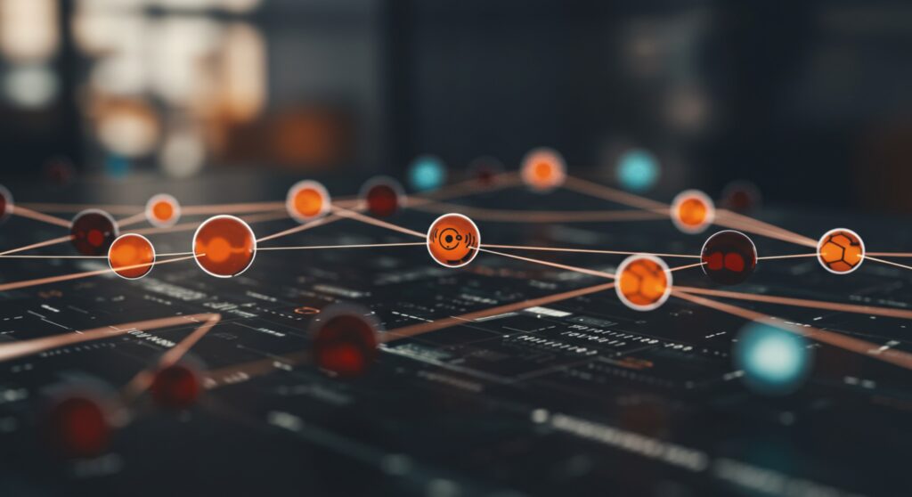 A imagem representa um conceito visual de rede de dados com múltiplas conexões interligadas entre nós, simbolizados por esferas laranja e vermelhas conectadas por linhas. Esses pontos se distribuem sobre uma interface digital, sugerindo uma malha de comunicação ou sistema de redundância de rede.