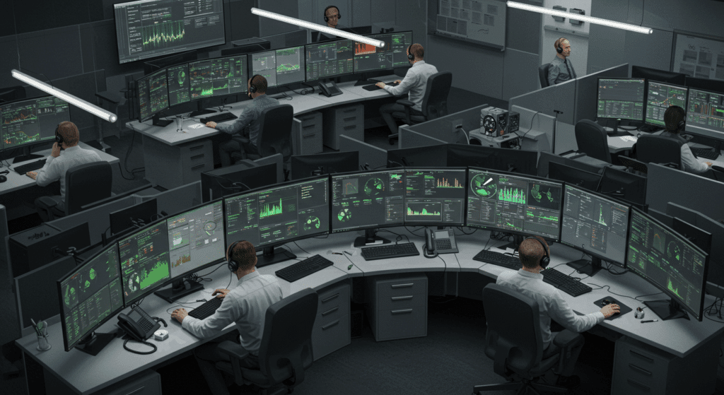 A imagem retrata um Security Operations Center (SOC), um ambiente altamente monitorado onde profissionais de segurança cibernética trabalham em estações equipadas com múltiplos monitores exibindo painéis com gráficos, mapas, métricas e alertas em tempo real. Os operadores usam fones de ouvido e estão focados na vigilância de sistemas, análise de dados e resposta a incidentes. O cenário transmite uma atmosfera de alta tecnologia, precisão e vigilância contínua, essencial para garantir a integridade e segurança de redes corporativas e infraestruturas críticas.