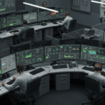 A imagem retrata um Security Operations Center (SOC), um ambiente altamente monitorado onde profissionais de segurança cibernética trabalham em estações equipadas com múltiplos monitores exibindo painéis com gráficos, mapas, métricas e alertas em tempo real. Os operadores usam fones de ouvido e estão focados na vigilância de sistemas, análise de dados e resposta a incidentes. O cenário transmite uma atmosfera de alta tecnologia, precisão e vigilância contínua, essencial para garantir a integridade e segurança de redes corporativas e infraestruturas críticas.