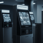 Totens eletrônicos de controle de acesso com telas exibindo câmeras de segurança, em ambiente corporativo moderno e monitorado.