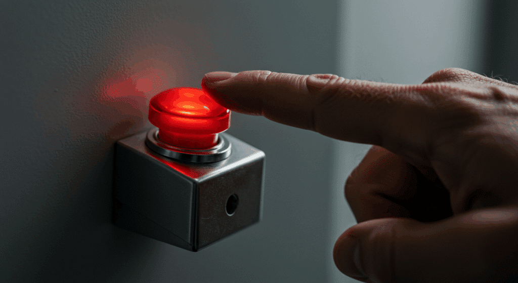 Dedo pressionando botão de emergência vermelho iluminado, fixado em parede cinza.