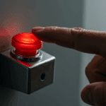 Dedo pressionando botão de emergência vermelho iluminado, fixado em parede cinza.