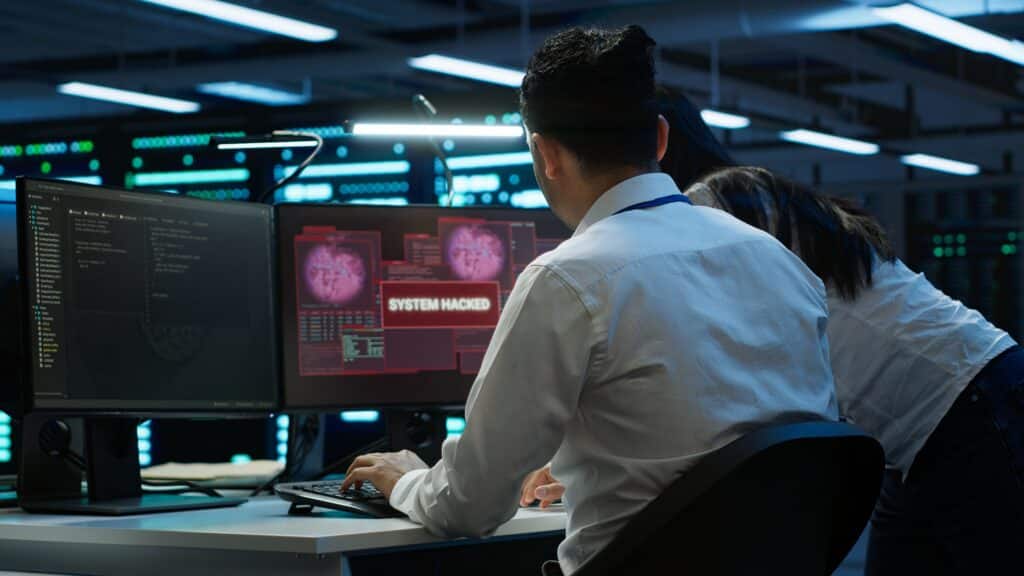 Profissionais analisam tela de computador com alerta de "System Hacked" em centro de segurança cibernética.