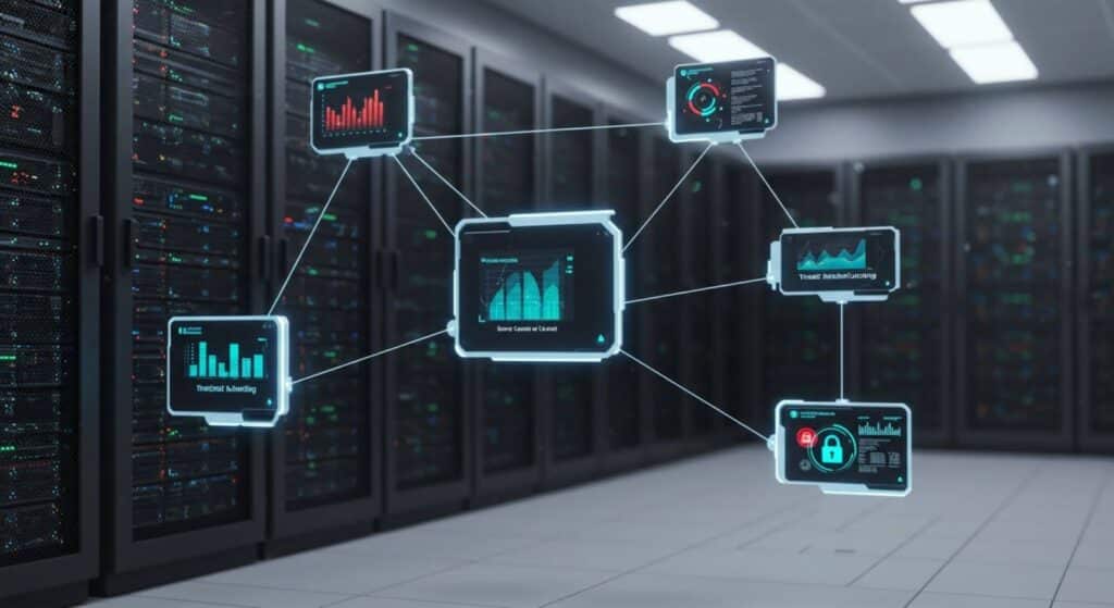 Sala de servidores com painéis digitais flutuantes interconectados exibindo gráficos, segurança e monitoramento de dados, representando gestão de infraestrutura de TI.