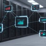 Sala de servidores com painéis digitais flutuantes interconectados exibindo gráficos, segurança e monitoramento de dados, representando gestão de infraestrutura de TI.