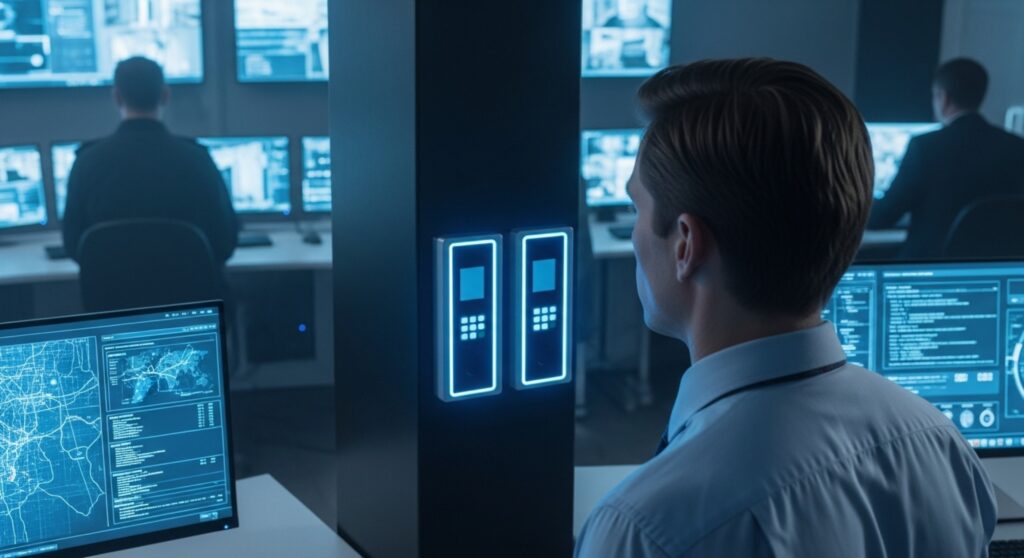 O ChatGPT disse: Profissionais em sala de controle monitorando múltiplas telas com dados e mapas, em ambiente de segurança cibernética ou vigilância.