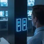 O ChatGPT disse: Profissionais em sala de controle monitorando múltiplas telas com dados e mapas, em ambiente de segurança cibernética ou vigilância.