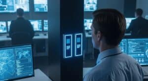 O ChatGPT disse: Profissionais em sala de controle monitorando múltiplas telas com dados e mapas, em ambiente de segurança cibernética ou vigilância.