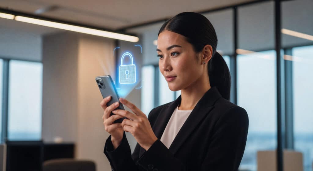 Mulher usando smartphone com ícone de cadeado digital flutuante, representando segurança de dados em ambiente corporativo.