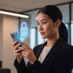 Mulher usando smartphone com ícone de cadeado digital flutuante, representando segurança de dados em ambiente corporativo.