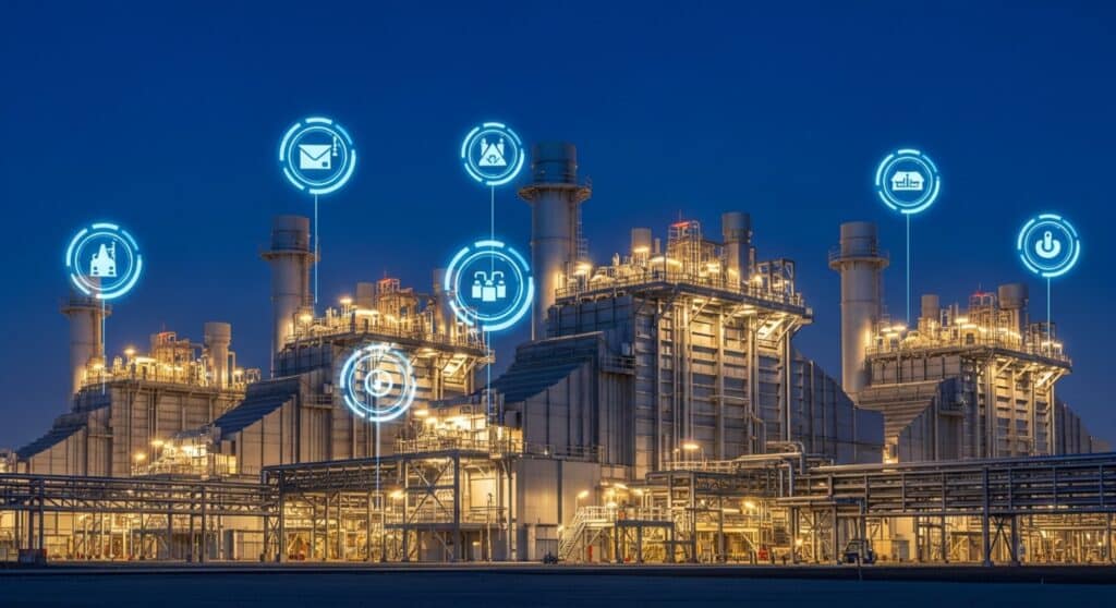 Planta industrial iluminada à noite com ícones digitais flutuantes representando automação, comunicação e segurança, simbolizando indústria 4.0.