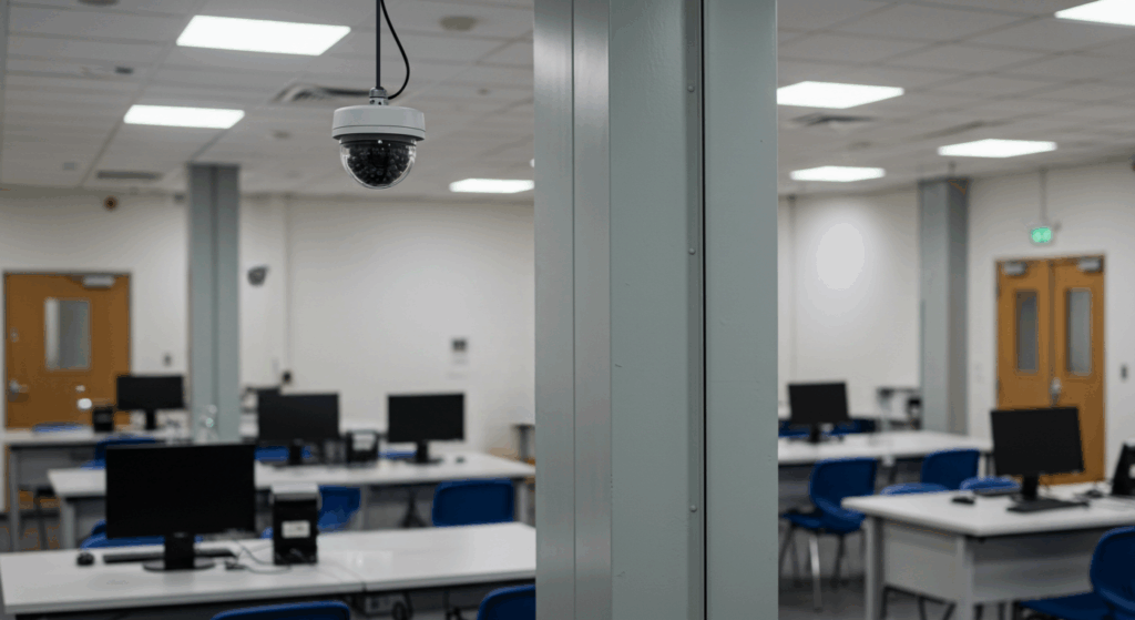 Sala de aula vazia com computadores de mesa e uma câmera de segurança no teto.