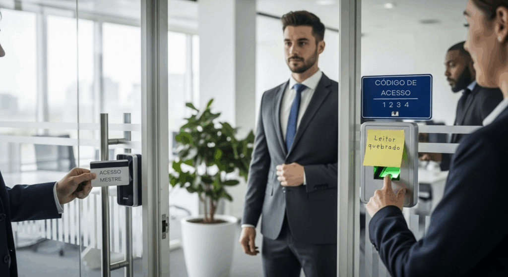 Homem vestindo um terno e cartão de acesso na mão, tentando abrir uma porta de vidro em um escritório, enquanto outra pessoa aponta para um leitor quebrado.