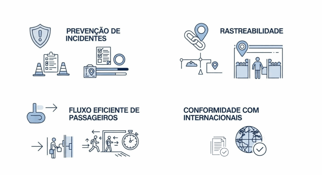 Ilustrações destacam benefícios da segurança aeroportuária: prevenção de incidentes, rastreabilidade, fluxo eficiente de passageiros e conformidade internacional.