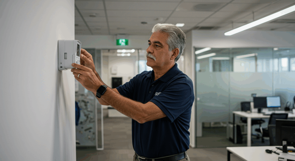 Homem ajustando um painel de controle de segurança em uma parede de escritório, com o ambiente de trabalho ao fundo.