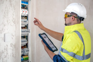 Profissional com tablet realiza inspeção em quadro de distribuição elétrica usando EPI.