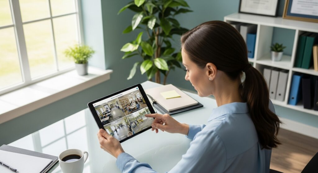 Mulher em um escritório, visualizando as imagens de câmeras de segurança em um tablet enquanto toma café.