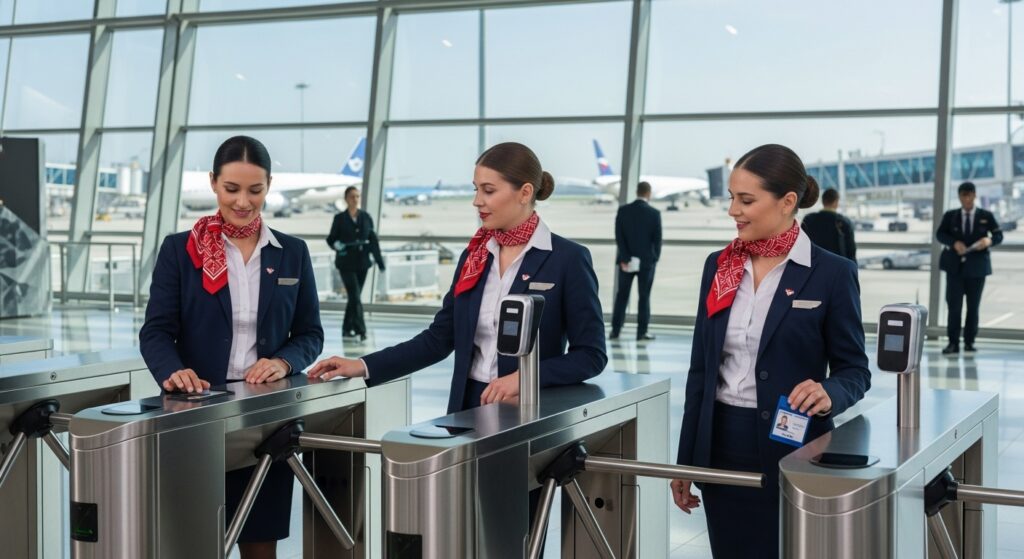 Comissárias de bordo passando por catracas de acesso com leitor biométrico em aeroporto.