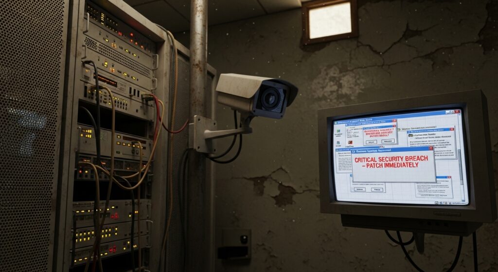 Equipamento de rede e uma câmera de segurança em um ambiente degradado, com um computador mostrando uma mensagem de erro de violação de segurança crítica.