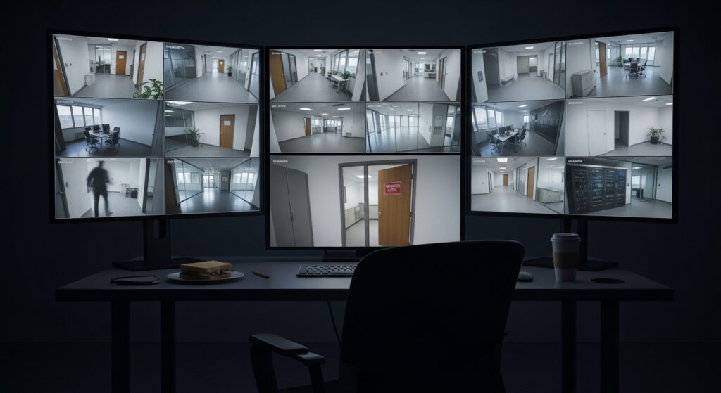 Sala de controle com várias telas de monitoramento exibindo imagens de câmeras de segurança em diferentes ambientes de um escritório vazio, com uma bebida e um sanduíche sobre a mesa.