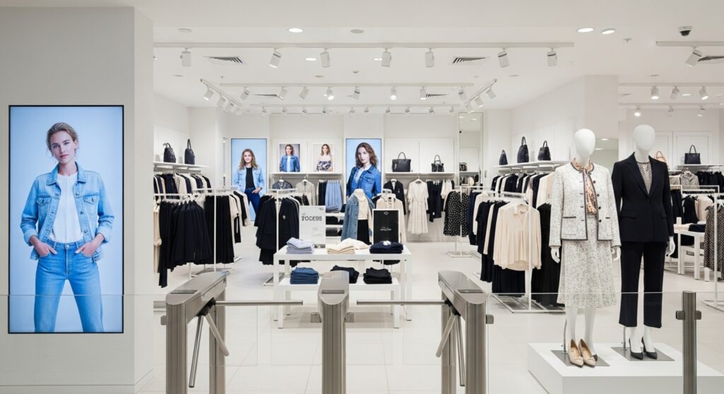 Loja de roupas com catracas na entrada e sistema de segurança discreto no ambiente.