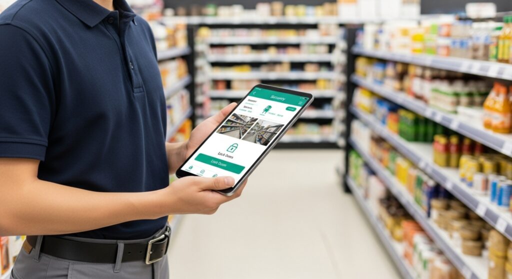 Funcionário monitora sistema de segurança por tablet em corredor de supermercado.