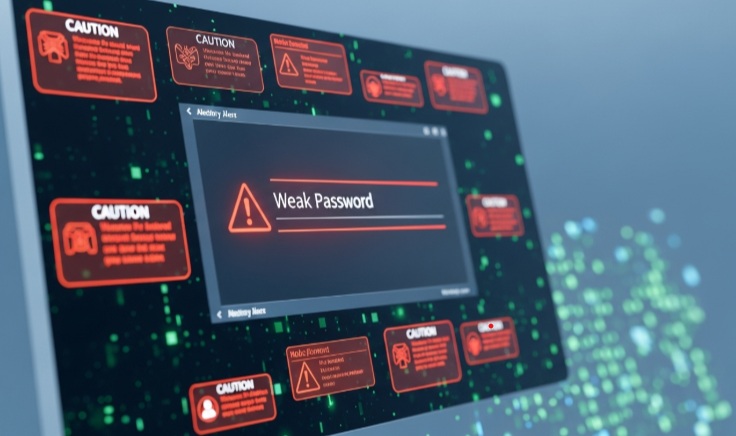Computador exibindo um alerta de "Senha fraca", cercado por outros avisos de segurança em uma interface digital, com um fundo de dados verdes e alertas em vermelho.