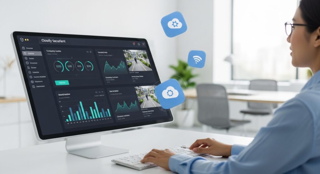 Profissional analisa dados em dashboard de segurança em nuvem exibido em monitor de computador.