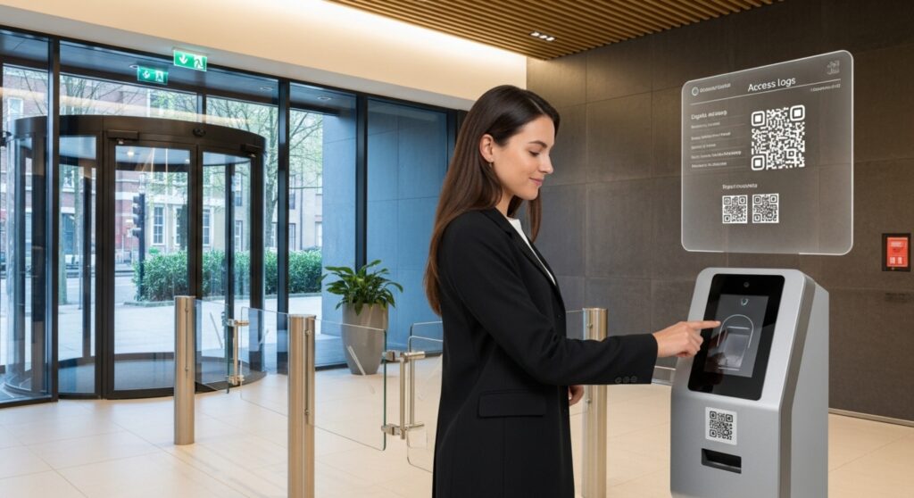 Mulher acessa edifício moderno utilizando totem com leitor biométrico e QR Code.