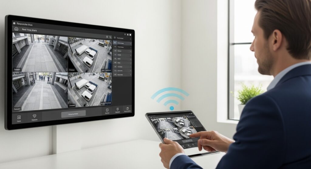Entrada corporativa com catracas eletrônicas, reconhecimento biométrico e controle de acesso por tablet.