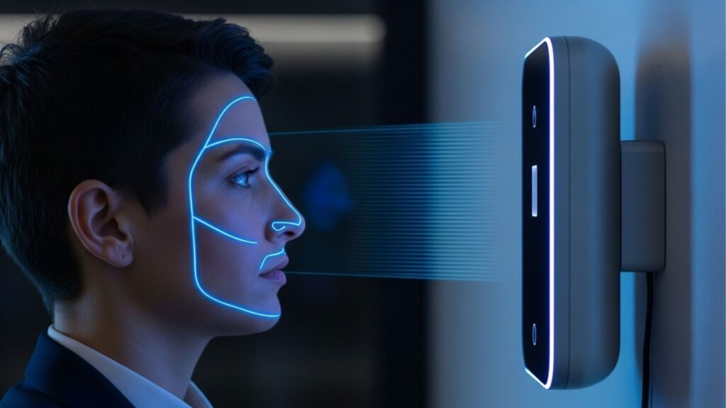Pessoa passando por reconhecimento facial com scanner iluminado projetando linhas azuis no rosto.