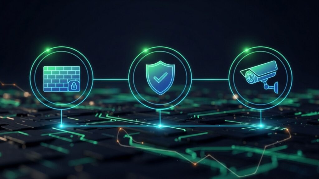 Ilustrações de firewall, escudo de segurança e câmera conectadas sobre fundo digital.