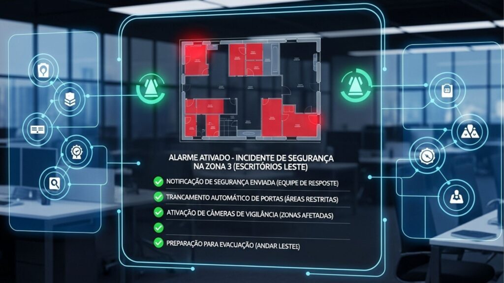 Tela com alerta de segurança na zona 3, destacando áreas em vermelho e ações automatizadas ativadas.