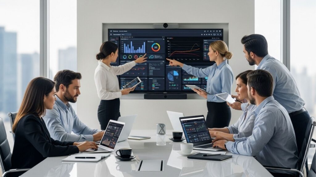 Oito pessoas em reunião analisando gráficos e dados em uma grande tela interativa na parede.