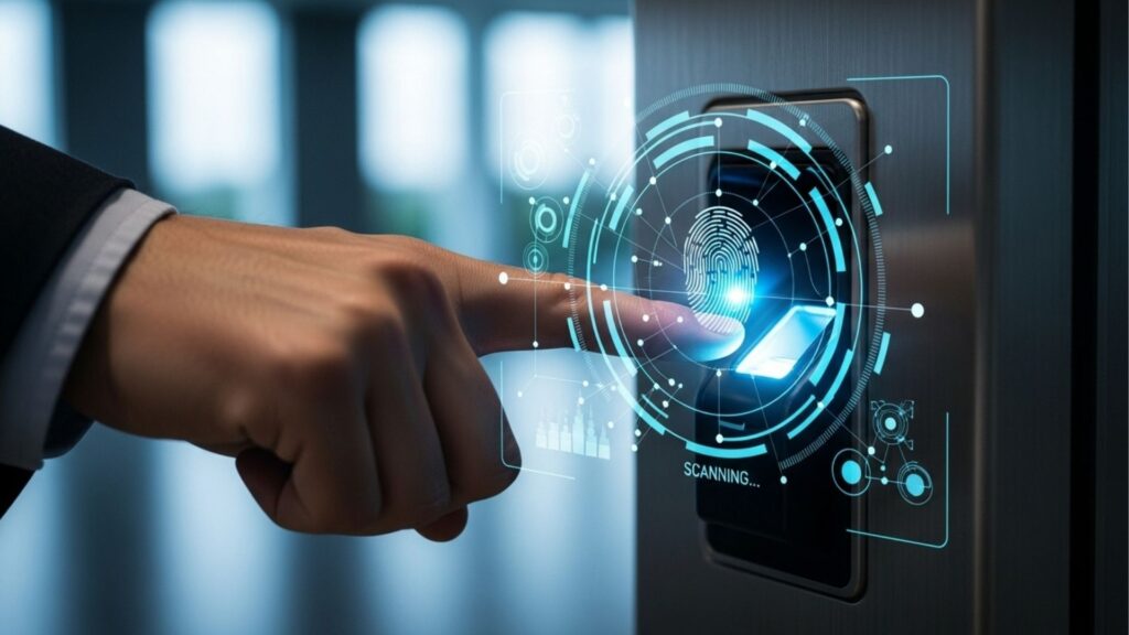 Dedo sendo escaneado em leitor biométrico com interface digital simulando análise de impressão digital.