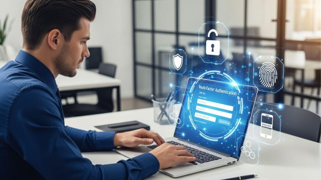 Homem digitando em laptop com tela de autenticação multifator, cercado por ícones de segurança digital.