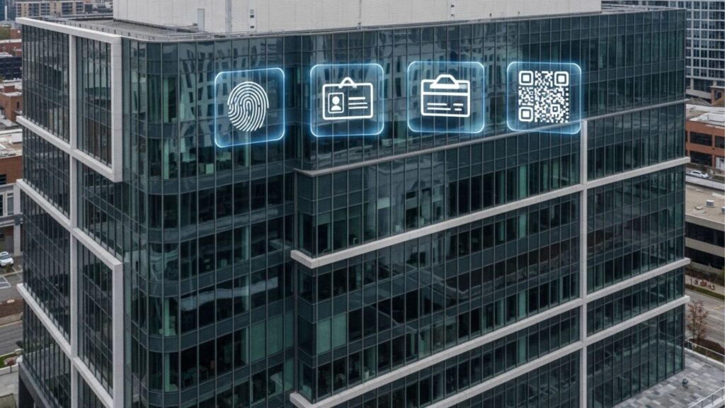 Prédio comercial com ícones digitais de biometria, crachá, cartão de acesso e QR Code nas janelas de vidro.