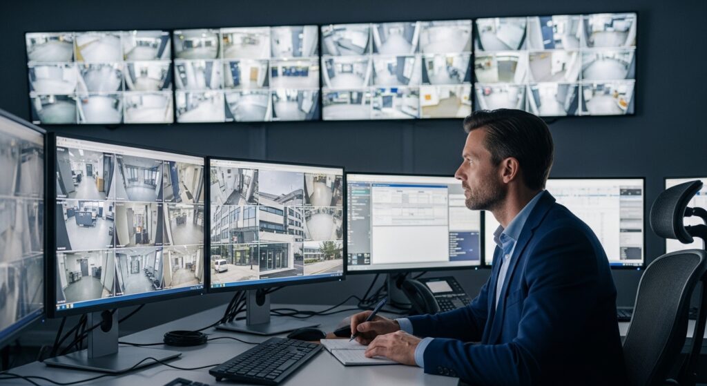 Homem em sala de controle monitorando múltiplas câmeras de segurança em telas grandes e fazendo anotações.
