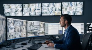 Homem em sala de controle monitorando múltiplas câmeras de segurança em telas grandes e fazendo anotações.