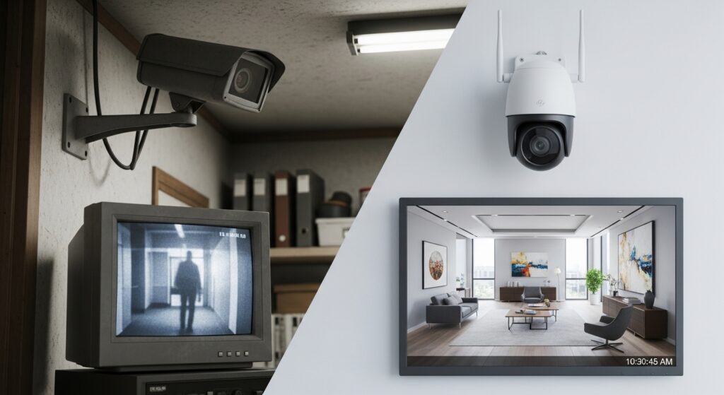 Comparação entre sistema antigo e moderno de câmeras de segurança, com monitores mostrando imagens ao vivo.