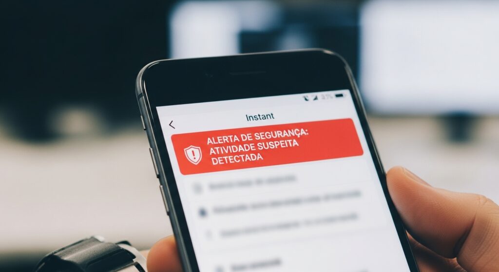 Celular exibindo alerta vermelho com texto “ALERTA DE SEGURANÇA: ATIVIDADE SUSPEITA DETECTADA”.